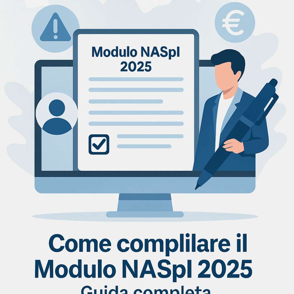 Illustrazione digitale che mostra un modulo NASpI 2025 su schermo con icone e figura professionale