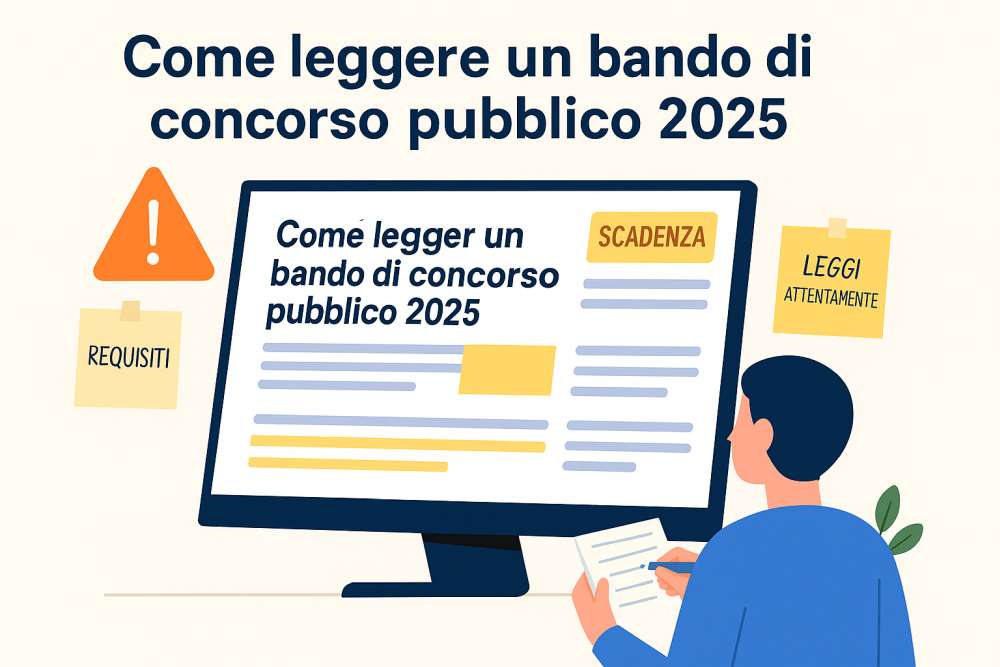 Illustrazione che mostra un bando di concorso pubblico su uno schermo con evidenziazioni e note per capire i punti chiave