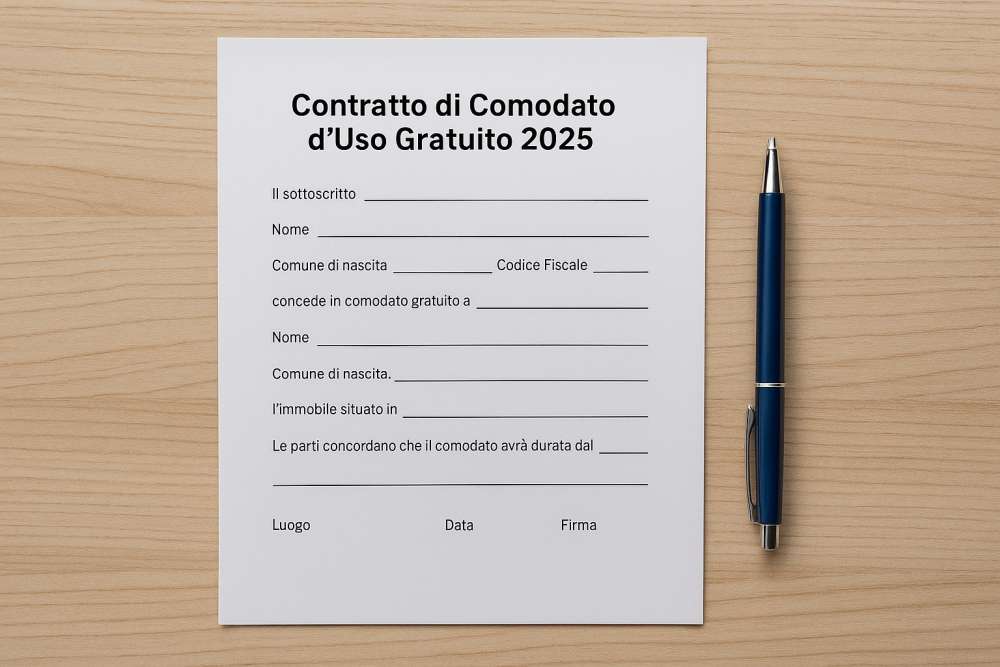 Illustrazione moderna di un contratto di comodato d’uso gratuito 2025 con documento e penna su tavolo chiaro