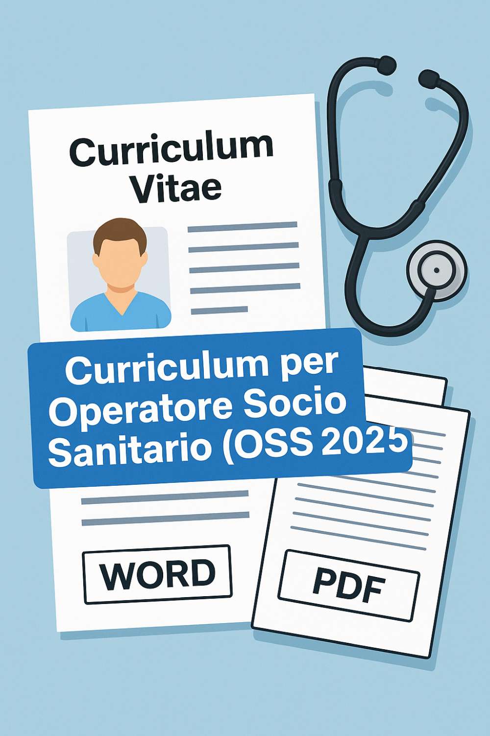 Illustrazione moderna di un curriculum OSS con icone mediche e documento compilato