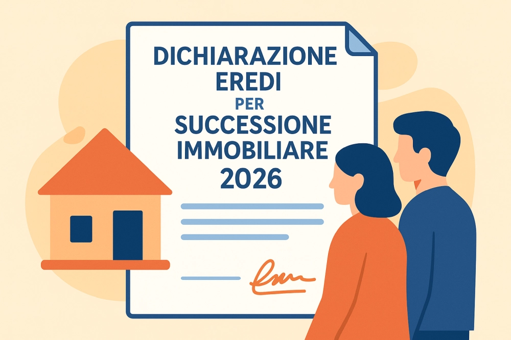 Dichiarazione Eredi per Successione Immobiliare 2026 illustrata in stile digitale flat