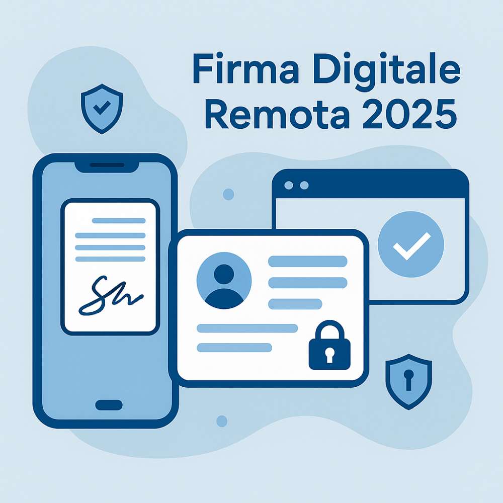 Illustrazione digitale moderna che rappresenta la firma digitale remota 2025 con smartphone, documento e icone di sicurezza