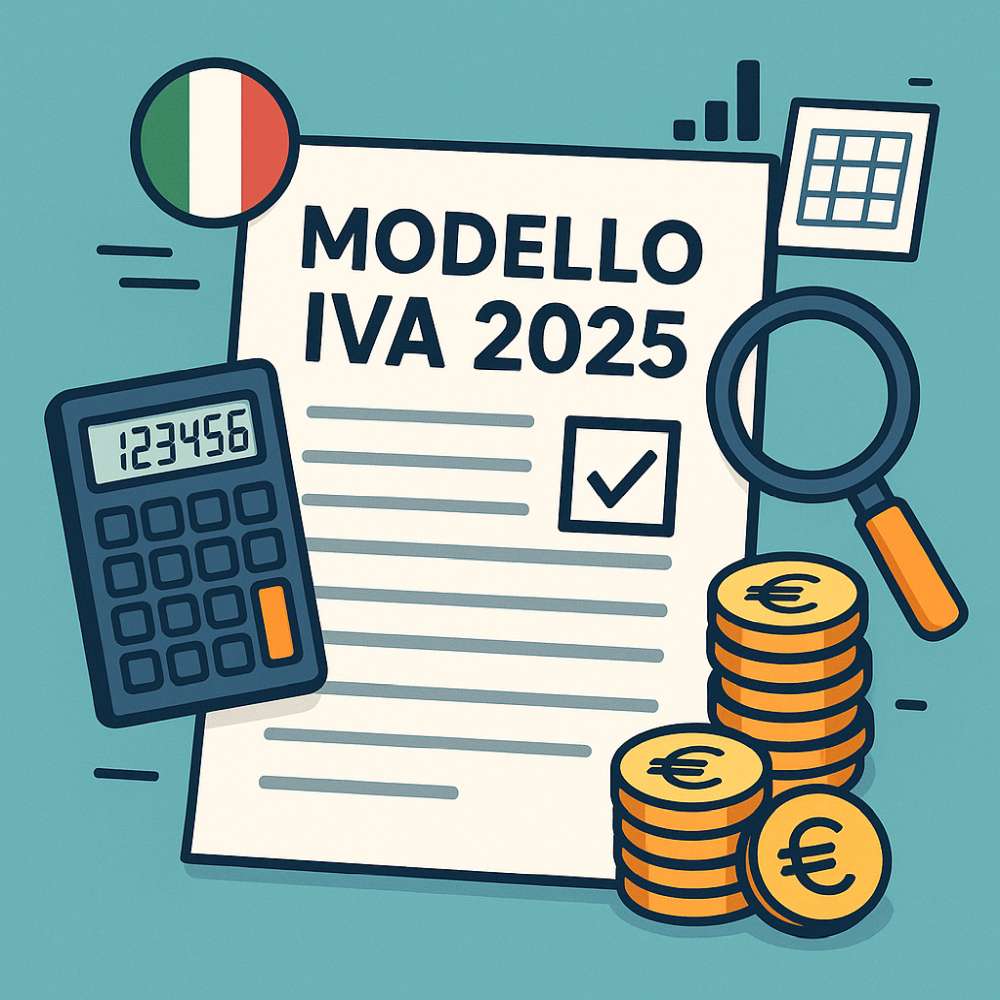 Illustrazione moderna del Modello IVA 2025 con elementi fiscali