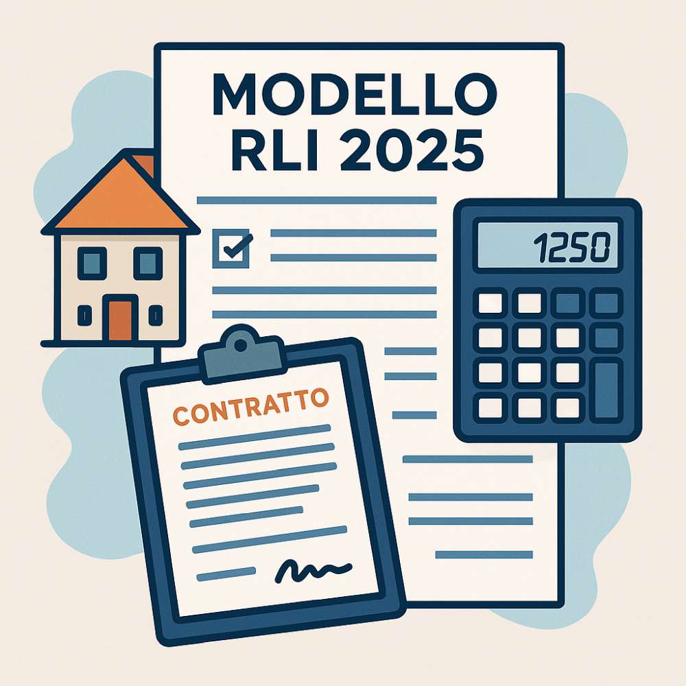Illustrazione moderna del Modello RLI 2025 con casa, contratto e calcolatrice