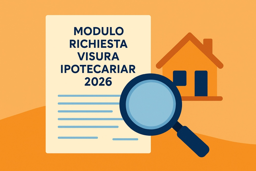 Modulo Richiesta Visura Ipotecaria 2026 – Illustrazione digitale moderna con lente di ingrandimento e casa