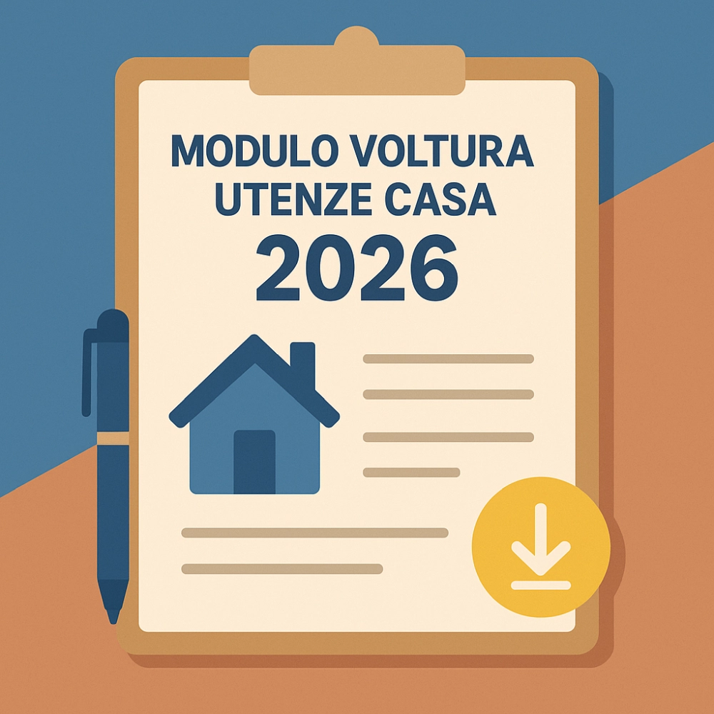 Illustrazione del Modulo Voltura Utenze Casa 2026 su clipboard