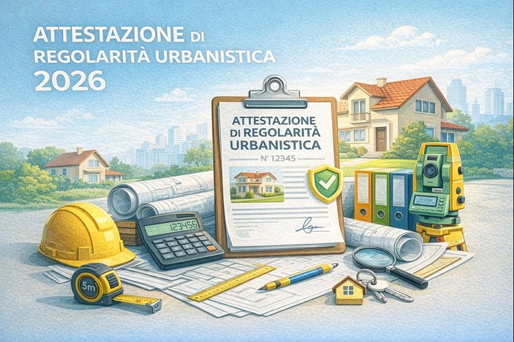 Illustrazione attestazione di regolarita urbanistica 2026 con documenti tecnici e abitazione