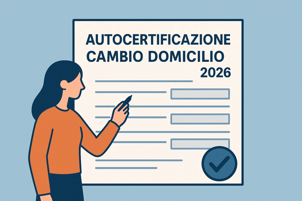 Illustrazione flat che rappresenta la compilazione dell’autocertificazione cambio domicilio 2026.