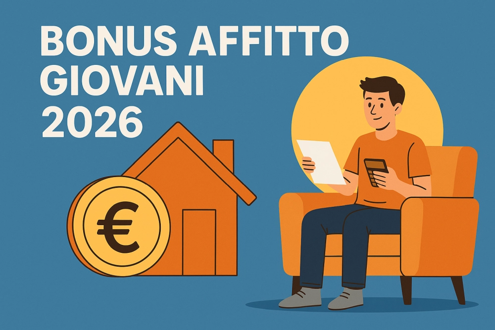 Illustrazione flat di un giovane seduto su una poltrona con calcolatrice e documento, accanto a icone di casa e moneta. Testo “Bonus Affitto Giovani 2026”.