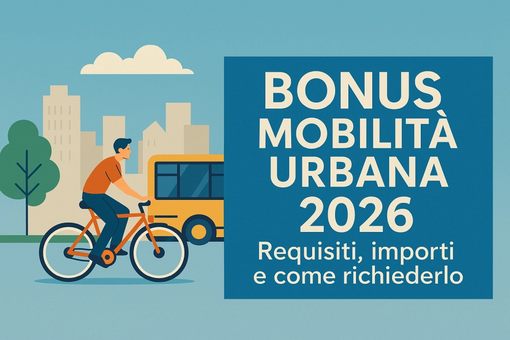 Illustrazione Bonus Mobilità Urbana 2026 con ciclista e autobus