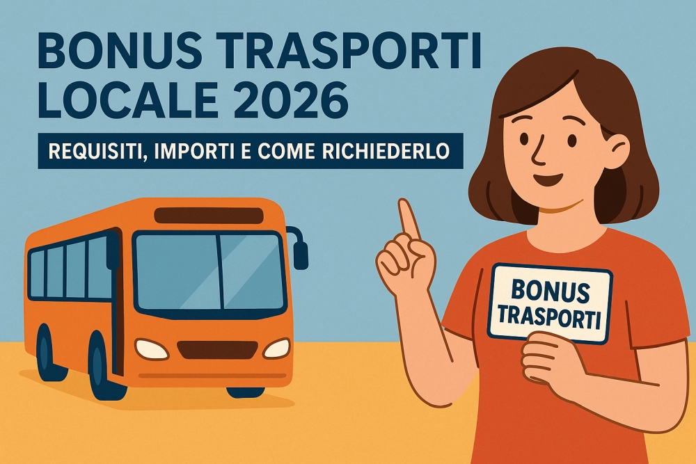 Illustrazione flat di una giovane con una card di trasporto e un autobus arancione: "Bonus Trasporti Locale 2026 - Requisiti, importi e come richiederlo"
