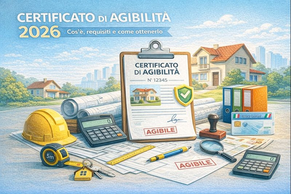 Illustrazione certificato di agibilita 2026 con edificio e documenti tecnici