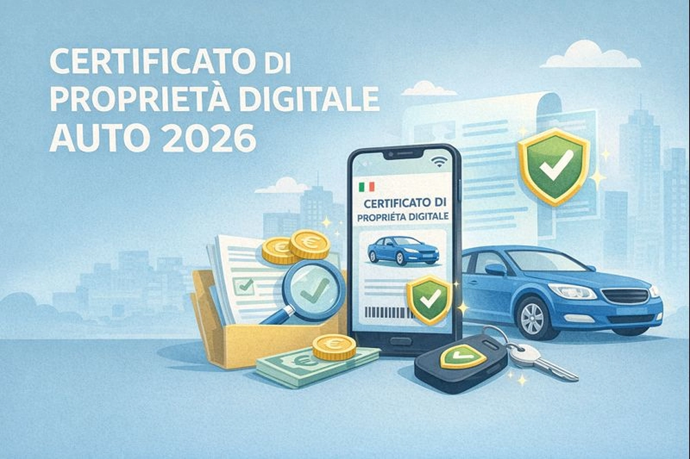 Illustrazione certificato di proprieta digitale auto 2026 su smartphone