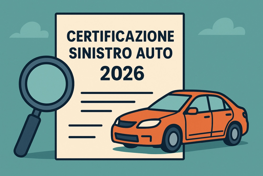 Illustrazione certificazione sinistro auto 2026 con documento e automobile