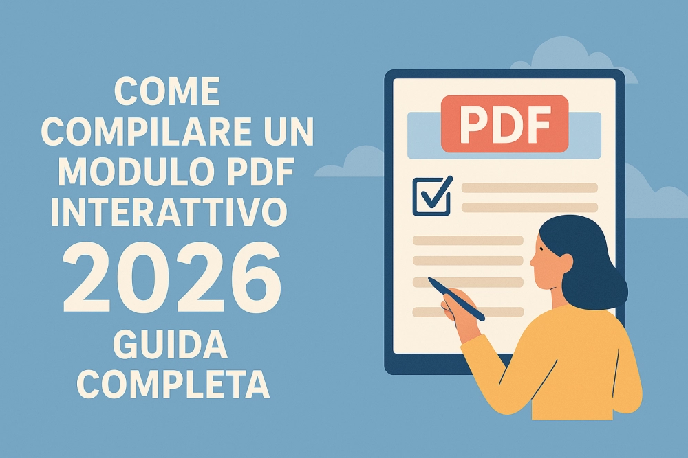 Come compilare un modulo PDF interattivo 2026 illustrato in stile digitale flat moderno