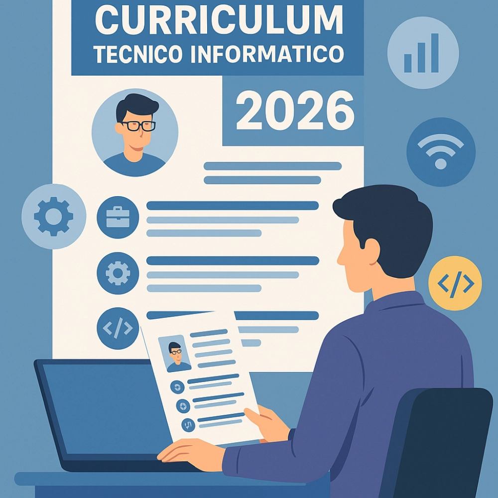 Curriculum per Tecnico Informatico 2026 in illustrazione digitale flat