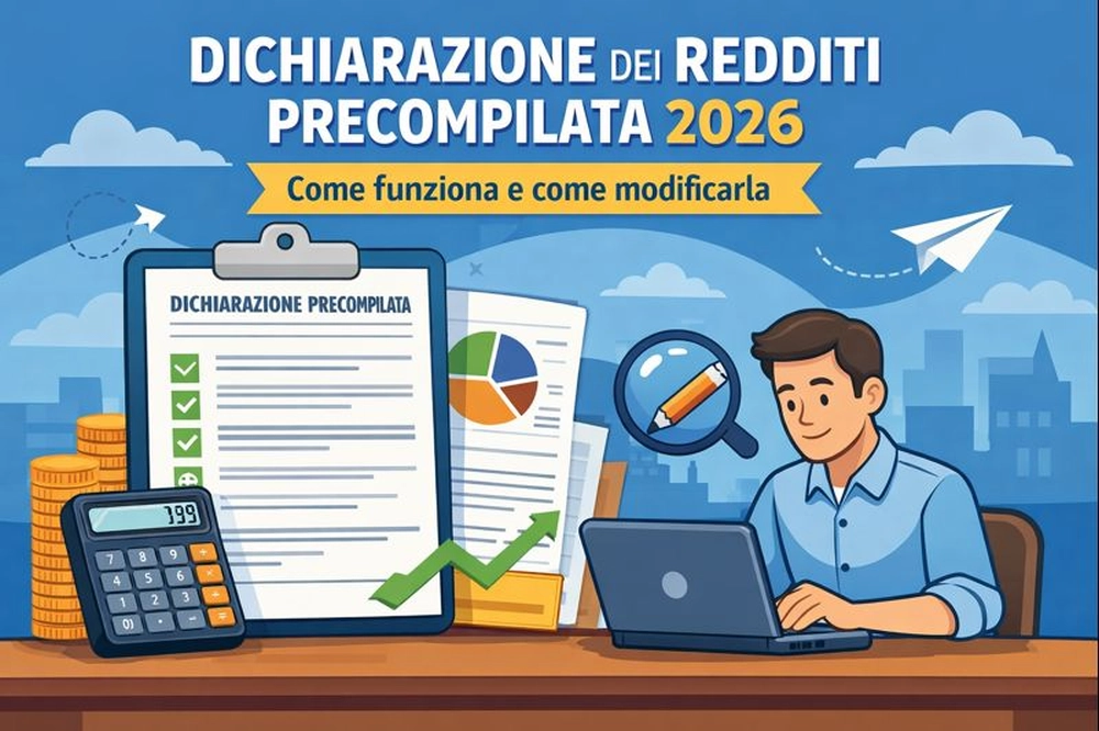 Illustrazione sulla dichiarazione dei redditi precompilata 2026 con documenti fiscali e computer