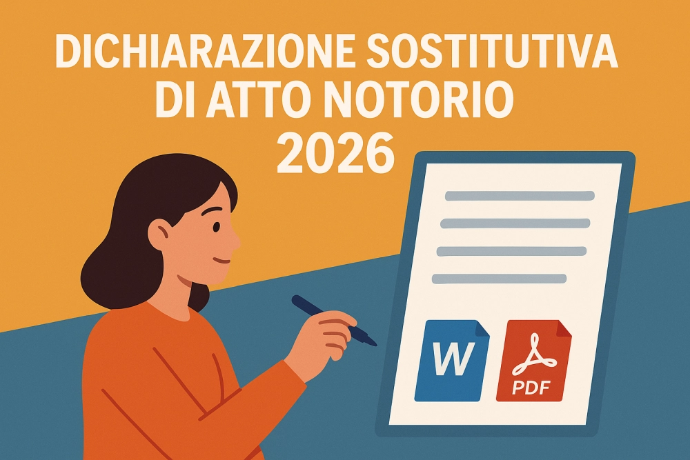Illustrazione digitale della Dichiarazione Sostitutiva di Atto Notorio 2026 in stile flat moderno