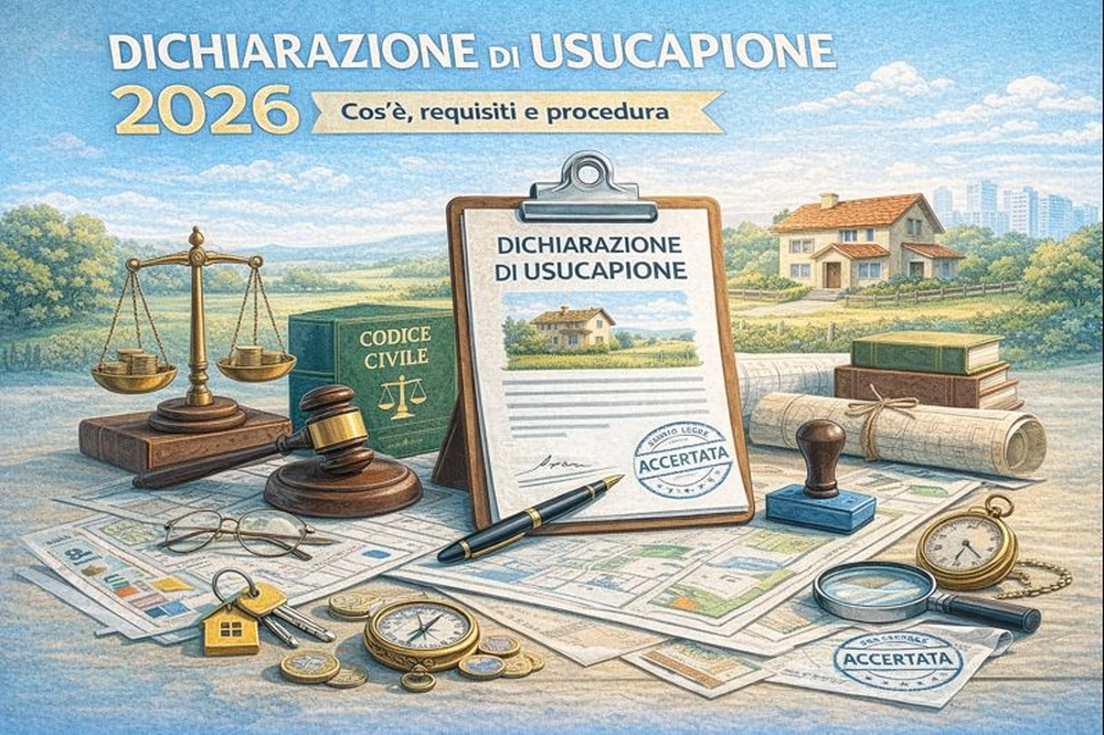 Illustrazione dichiarazione di usucapione 2026 con casa, documenti legali e simboli giuridici