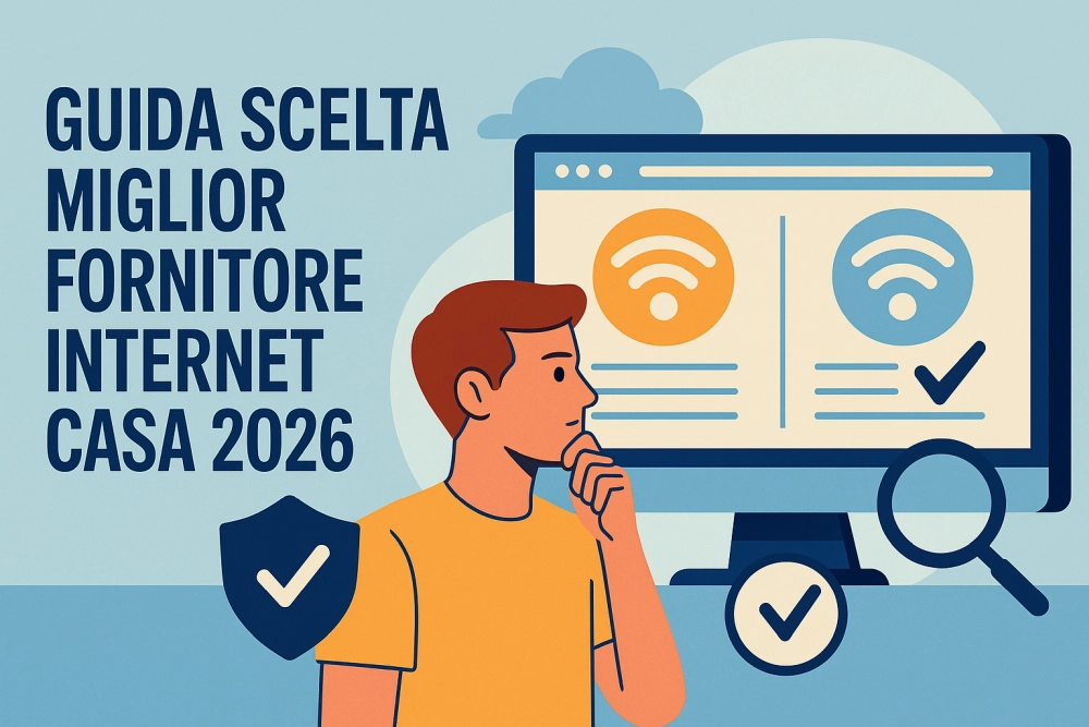 Illustrazione flat che mostra una persona che confronta fornitori internet per scegliere il miglior servizio casa 2026.