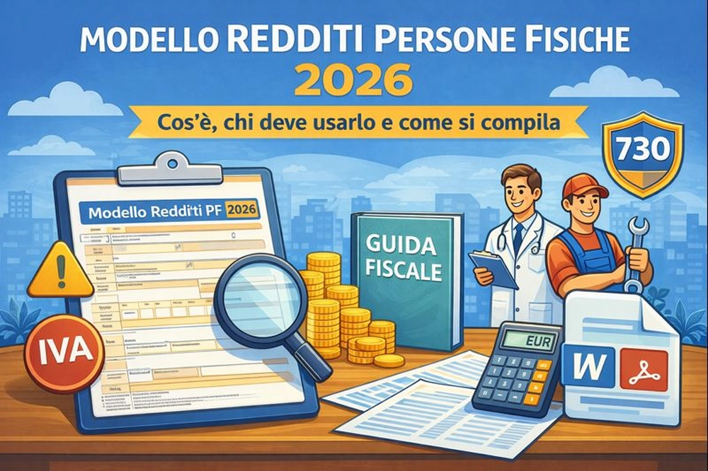Illustrazione del Modello Redditi Persone Fisiche 2026 con documenti fiscali e strumenti di calcolo