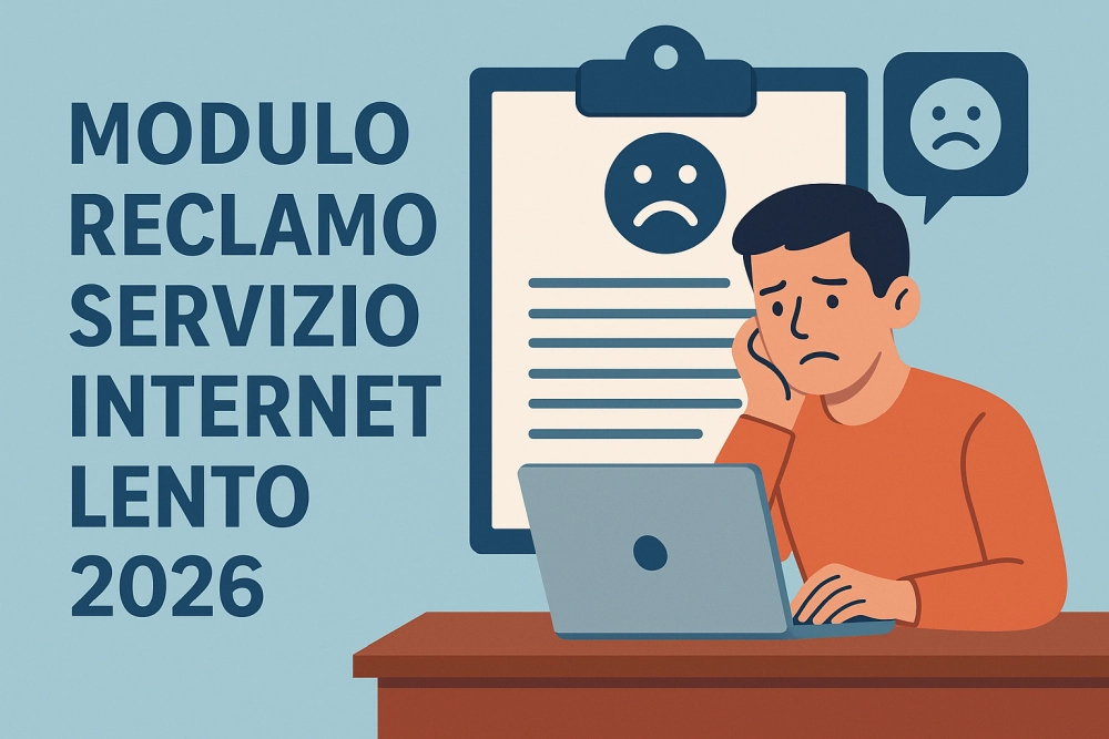 Illustrazione flat relativa a un utente che compila un modulo di reclamo per servizio internet lento 2026.