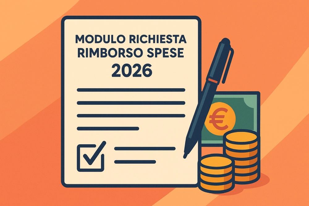 Illustrazione digitale del Modulo Richiesta Rimborso Spese 2026 in stile flat moderno