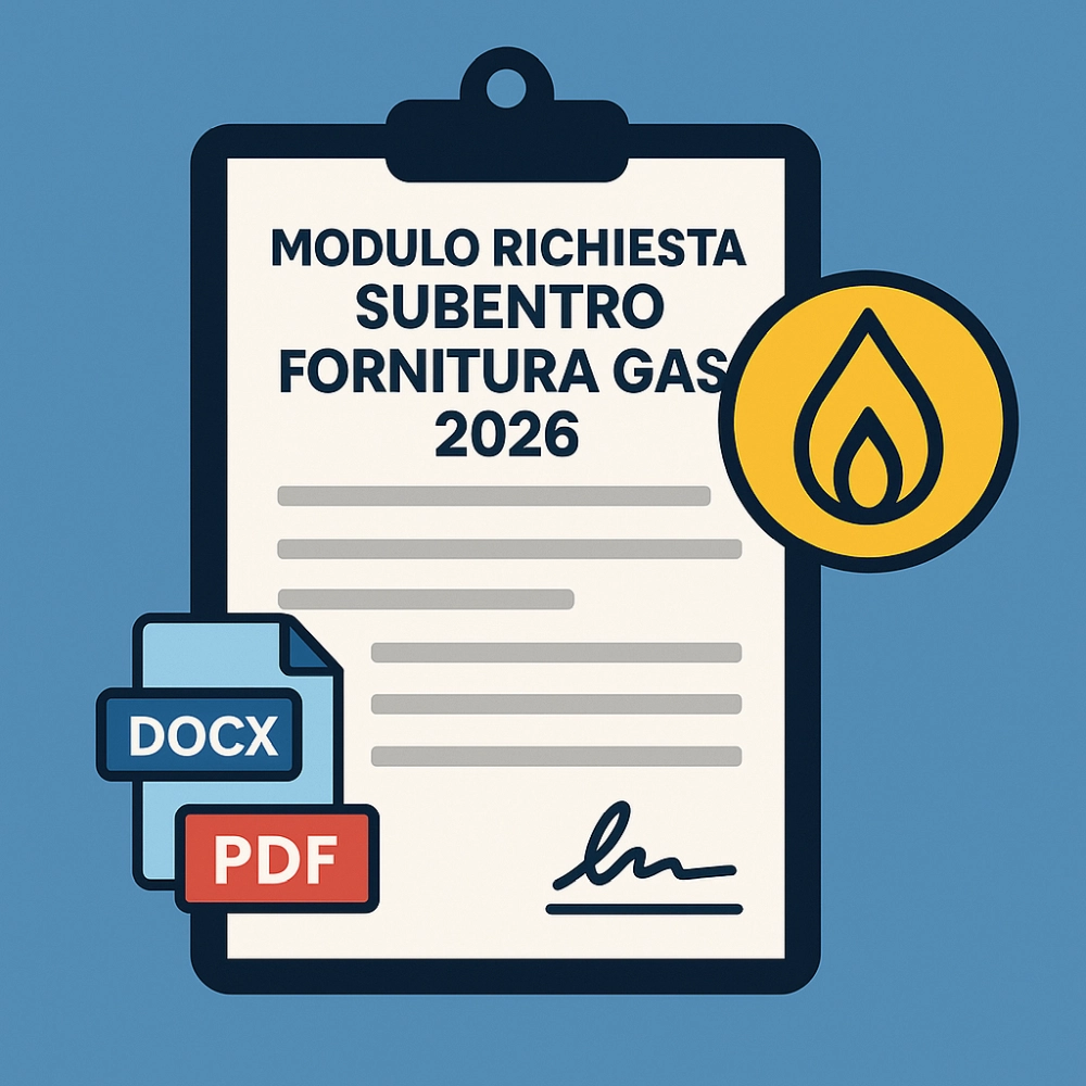 Illustrazione flat che rappresenta un modulo per la richiesta di subentro fornitura gas 2026.