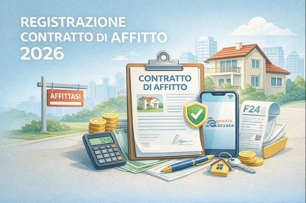 Illustrazione registrazione contratto di affitto 2026 con casa e documenti
