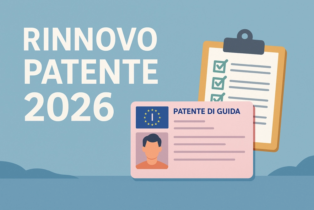 Illustrazione rinnovo patente 2026 con documento e checklist