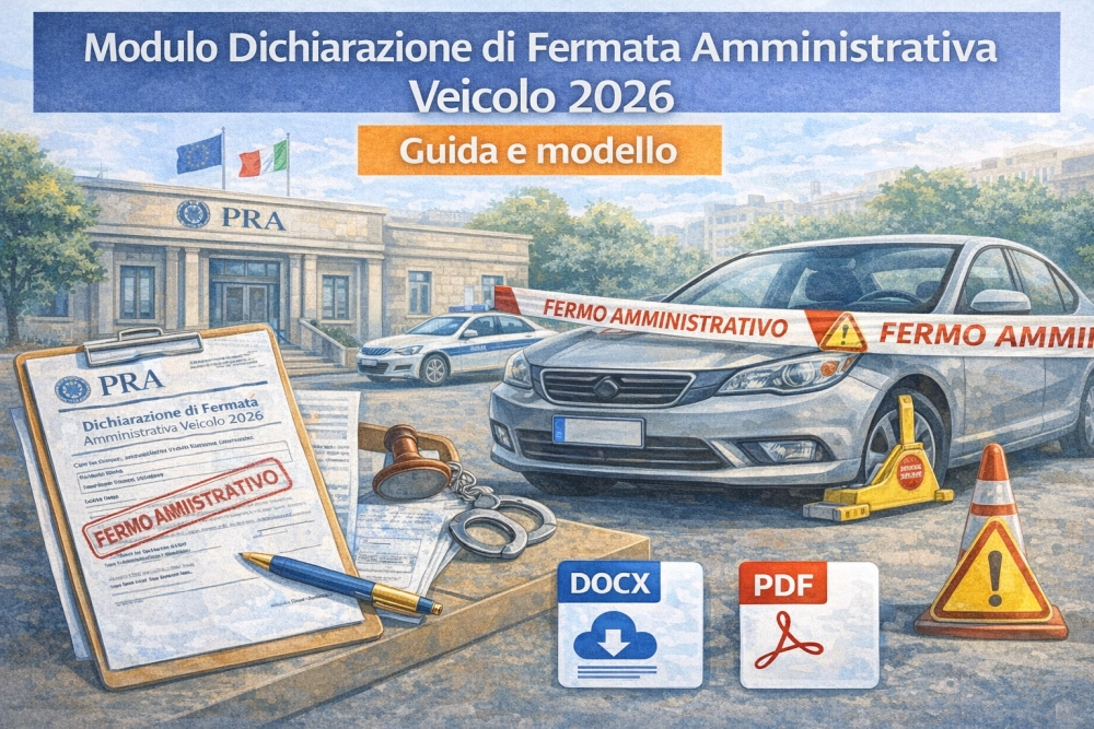 Dichiarazione di fermata amministrativa veicolo 2026 con auto bloccata e documenti