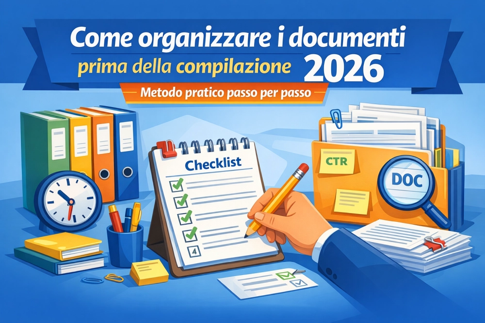 Illustrazione in stile flat di una scrivania organizzata con checklist, fascicoli e documenti per prepararsi alla compilazione nel 2026