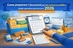 Illustrazione in stile flat di una scrivania organizzata con checklist, fascicoli e documenti per preparare la domanda di concorso pubblico nel 2026