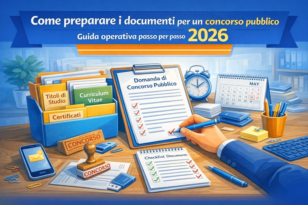 Illustrazione in stile flat di una scrivania organizzata con checklist, fascicoli e documenti per preparare la domanda di concorso pubblico nel 2026