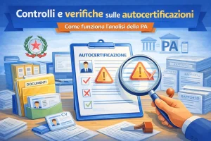 Illustrazione in stile flat di una lente d’ingrandimento che analizza un modulo di autocertificazione con simboli di verifica e documenti amministrativi