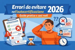 Illustrazione in stile flat con una checklist di autocertificazione e una persona perplessa che rappresenta gli errori da evitare nel 2026