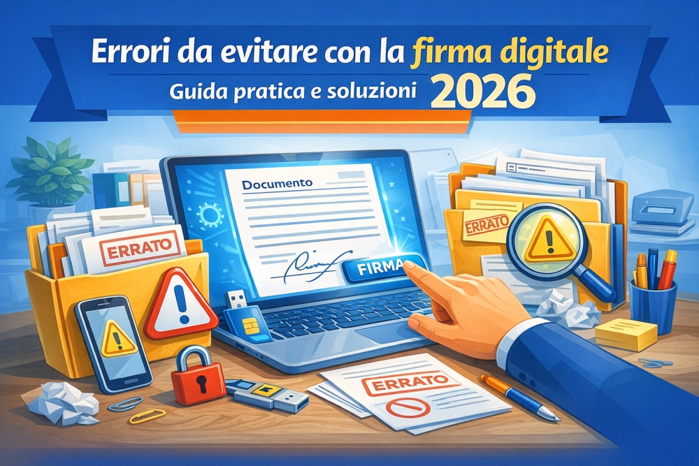 Illustrazione in stile flat di una postazione di lavoro digitale con laptop e avvisi di errore sulla firma digitale nel 2026