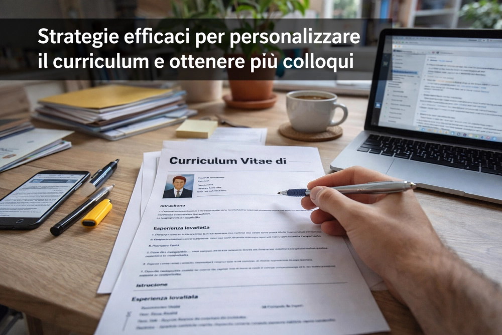 Illustrazione in stile flat di una scrivania con curriculum, laptop e strumenti di lavoro che rappresentano strategie efficaci per personalizzare il CV